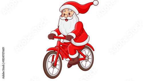 Delightful Santa Claus cartoon riding bicycle spreading holiday cheer, a festive and joyful scene perfect for seasonal greetings and promotional materials