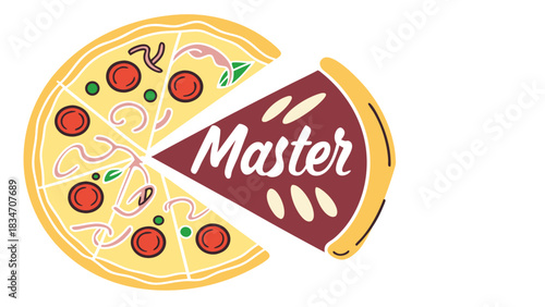 Delicious pizza illustration with a missing slice and the word Master, perfect for restaurant branding, food blogs, and culinary designs, a modern and tasty concept