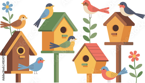 Whimsical birdhouses, colorful birds, spring garden scene, nature illustration, cheerful outdoor design, floral accents, wildlife vector, decorative content, playful composition
