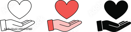 Hand holding heart icon set, love and care symbols, emotional support vector, compassion illustration, charity design elements, kindness graphic artwork