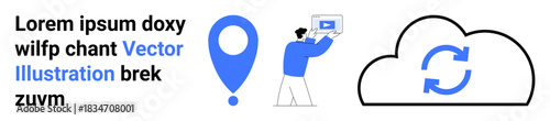 Blue map pin, user interacting with a monitor, and a cloud symbol with sync arrows. Ideal for digital communication, tech solutions, navigation, cloud storage, updates, workflow simple landing page