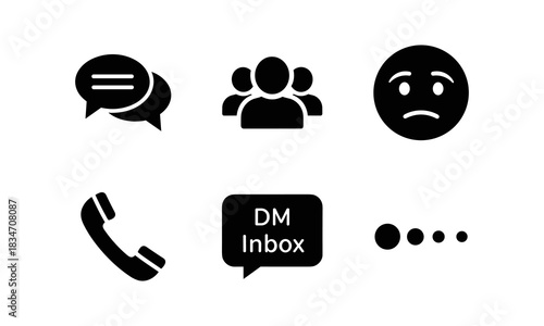 Set of six black communication and social media icons including chat bubble, group, sad face, phone receiver, dm inbox, and ellipsis, isolated on