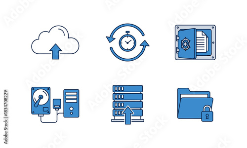 Set of six blue line icons representing cloud upload, time synchronization, secure document, local server connection, data center upload, and locked folder concept isolated on