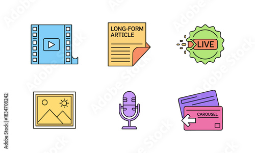 Set of six colorful line art icons representing digital media content creation and broadcasting, including video, article, live stream, photo, microphone, and transfer concept, isolated on