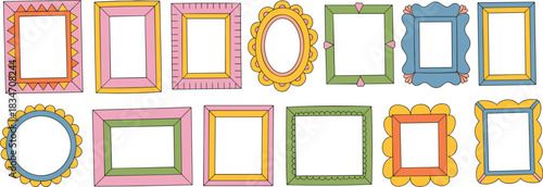 Decorative picture frames, colorful borders, whimsical shapes, artistic design elements, vector illustration, creative layout, pastel tones, frame collection, graphic template