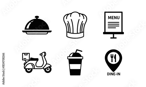Collection of black and white food service and delivery icons including cloche, chef hat, menu, scooter, drink cup, and dinein location marker, isolated on