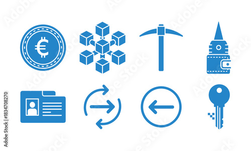 Set of blue cryptocurrency and blockchain technology icons including euro coin, block chain structure, pickaxe for mining, digital wallet, identity card, exchange, return arrow, and key isolated on