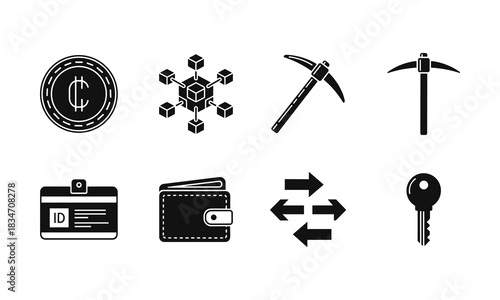 Set of cryptocurrency and blockchain icons including coin, network, pickaxe, id card, wallet, transaction arrow, and key, isolated on