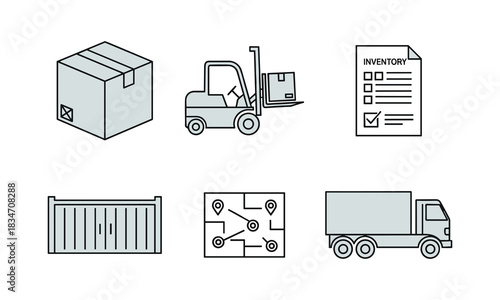 Set of six monochrome line art icons representing logistics, shipping, and delivery services including a box, forklift, checklist, container, map, and truck, isolated on