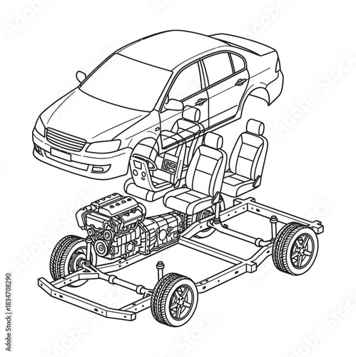 Exploded view of a car's internal and external components, including chassis, engine, interior, and body shell.
