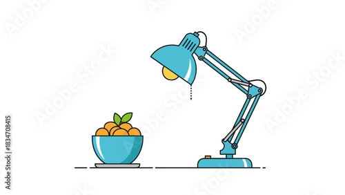 Whimsical desk scene featuring a playful lamp illuminating a bowl of vibrant oranges, perfect for adding a touch of fun to any design project