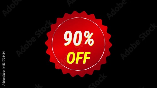 A vibrant red jagged-edged circular sticker displaying '90% OFF' in bold white and yellow text on a plain black background, symbolizing a significant discount or sale.