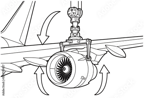 Line drawing of an aircraft engine attached to a wing with landing gear and arrows indicating movement during maintenance or installation.