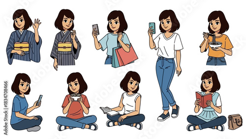 Diverse young woman engaging in daily activities, from traditional kimono to modern technology in a digital lifestyle concept, reflecting youth culture