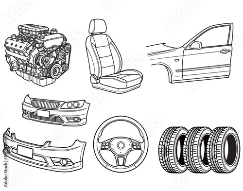 Collection of various car parts including engine, seat, door, bumpers, steering wheel, and tires, depicted in a detailed line art style.