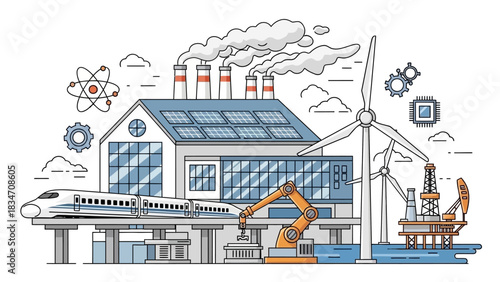 Dynamic illustration of clean energy sources, factories, and modern transportation for sustainable industry concepts and eco-friendly solutions