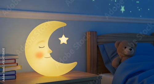 Smiling Moon Night Light in a Cozy Childs Bedroom.