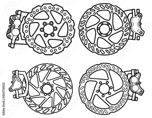 Four detailed line art illustrations of various disc brake systems for bicycles or motorcycles.