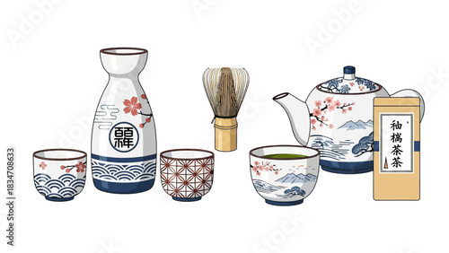 Elegant Japanese tea ceremony set with teapot, matcha whisk and cups, perfect for zen lifestyle, relaxation, and mindfulness promotion with traditional design