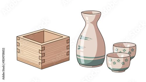 Authentic sake set including wooden box, carafe and cups for a traditional Japanese tasting experience, ideal for food blogs and Japanese culture promotion