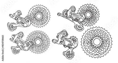 Detailed line drawings of bicycle rear derailleurs and multi-speed cassettes for cycling enthusiasts.