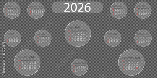 2026 year calender design with liquid glass shape