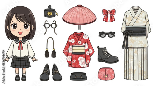 Dress up games are fun! Anime girl with wardrobe of Japanese clothes, glasses, hats, shoes, and accessories to create a unique and stylish look.