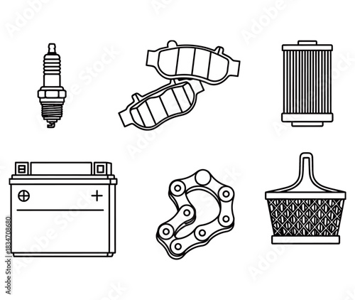 Line art illustration of various vehicle spare parts including spark plug, brake pads, battery, chain, and filters.