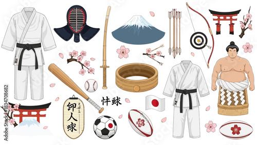 Explore iconic symbols of Japanese culture and sports, including sumo wrestling, martial arts, baseball, and stunning cherry blossoms for a unique vibe
