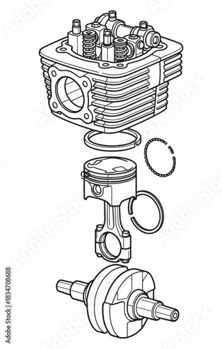 Exploded view of a single-cylinder internal combustion engine showing cylinder head, piston, connecting rod, and crankshaft.