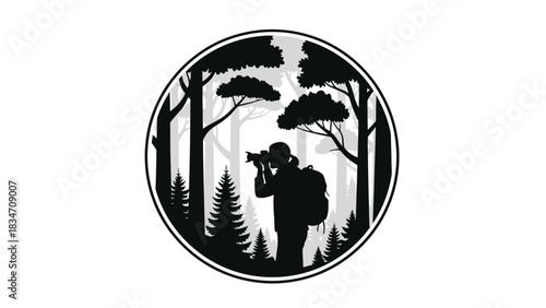 Photographer in Forest: a silhouette captures a photographer immersed in their craft, surrounded by towering trees in a dense forest, an ode to nature's beauty and the art of capturing it.