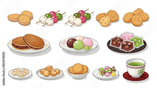 Delightful assortment of Japanese desserts to sweeten any project, featuring mochi, dango, dorayaki, and more in a charming cartoon style