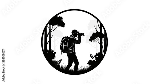 Journey Through the Lens: A silhouette of a photographer, camera in hand and backpack, navigates a circular frame capturing nature's splendor. This artistic illustration.