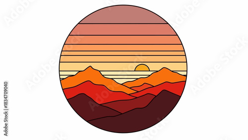 Mountain Sunset Silhouette: A stylized representation of a sunset over mountainous terrain, featuring layers of color and the sun sinking behind the peaks.