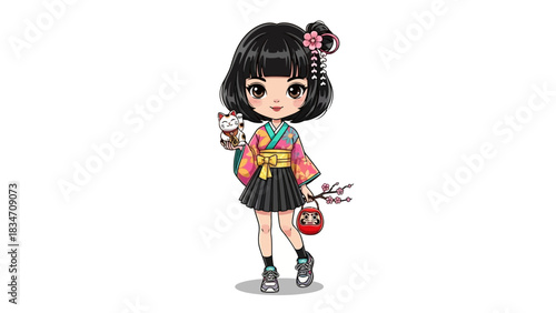 Adorable manga style girl in traditional kimono and lucky cat is perfect for Japanese culture, kawaii, or anime themed designs and projects