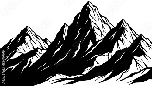 A dramatic black and white illustration of rugged, jagged mountain peaks piercing the sky.