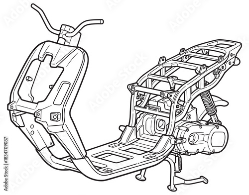 Line art illustration of a scooter frame and engine assembly, showing the internal structure and components.