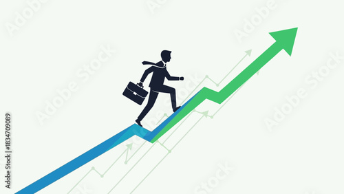 A silhouette of a businessman with a briefcase walking up a blue and green upward-trending graph line, symbolizing career growth and success.