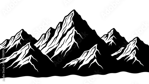 Majestic Mountain Peaks: A striking monochrome depiction of towering mountain peaks, their jagged silhouettes boldly contrasting against the sky.