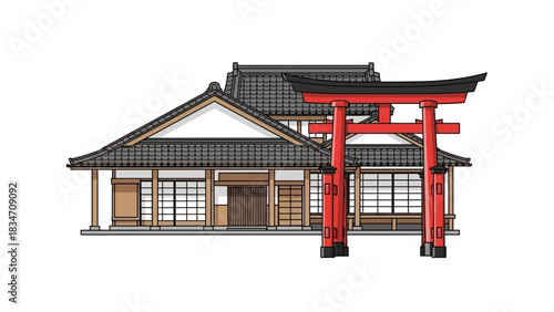Discover traditional Japanese architecture with a classic red torii gate, perfect for travel blogs, cultural projects, and showcasing Japan's serene beauty.