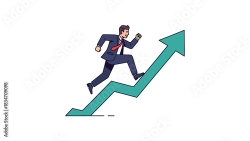Ascending to Success: A determined figure sprints up an upward-trending arrow, embodying ambition and progress. Depicting a scene of unwavering drive and forward momentum.