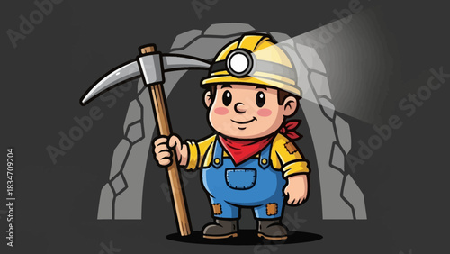 A cute cartoon miner character wearing a hard hat with a headlamp and holding a pickaxe in front of a mine entrance.