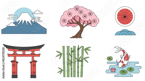 Discover the beauty of Japan with this stunning collection showcasing Mount Fuji, cherry blossoms, a torii gate, bamboo, and a serene koi pond