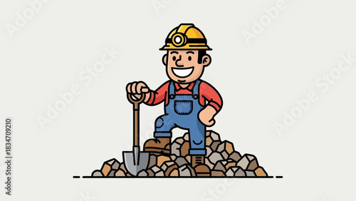 The Gold Digger's Pride: A cheerful miner stands atop a mound of rocks and stone, a shovel in hand. He wears a yellow helmet, embodying the spirit of dedication and the pursuit of precious resources.
