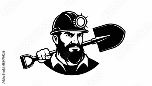 The Determined Miner: A determined miner, with a rugged beard and resolute gaze, stands ready with a shovel, exuding strength and dedication.