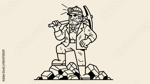 A cartoon illustration of a miner standing on a pile of rocks with a pickaxe over his shoulder.