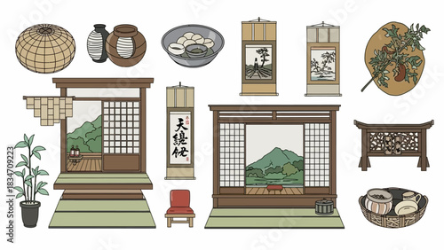 Serene Japanese zen garden interior with elegant tea ceremony setup and minimalist decor, perfect for creating a tranquil, reflective space