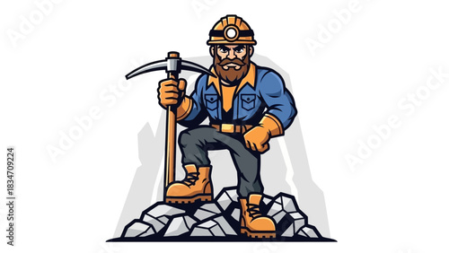 A cartoon miner with a beard, hard hat, and pickaxe, standing on rocks, ready for work.