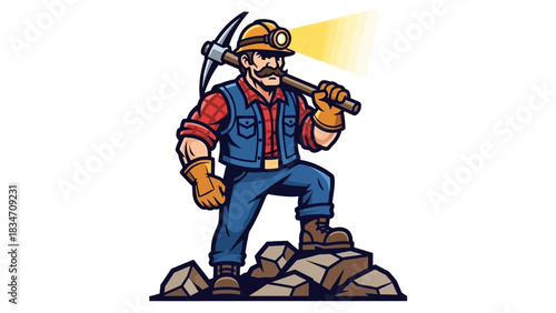 A cartoon illustration of a miner with a pickaxe and headlamp standing on rocks.
