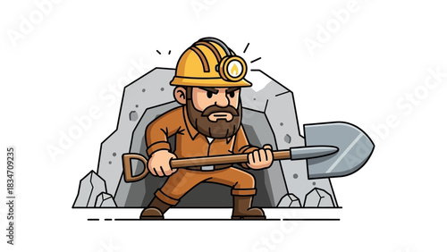 Industrious Miner: A determined miner stands ready with his shovel, his helmet illuminating the depths of the underground tunnel. Illustration for industry work and adventure.